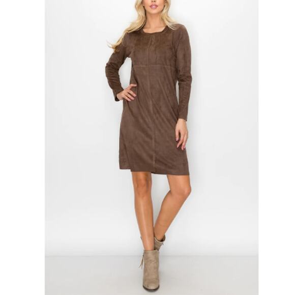 Joh | NWT Aurora Brown Vegan Suede Long Sleeve Round Neck Dress with Pockets - Picture 1 of 10